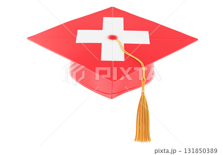 Graduation cap with Swiss flag. Education in Switzerland or learn Swiss language, concept. 3D rendering Graduation cap with Swiss flag. Education in Switzerland or learn Swiss language, concept. 3D rendering 131850389