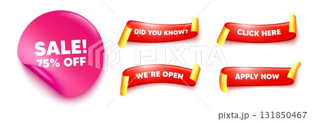 Sale sticker, offer ribbons. Apply now, Did you know. Sale 75 percent off discount. Promotion price offer sign. Retail badge symbol. Pink sticker tag. Flag ribbon banners. Vector 131850467