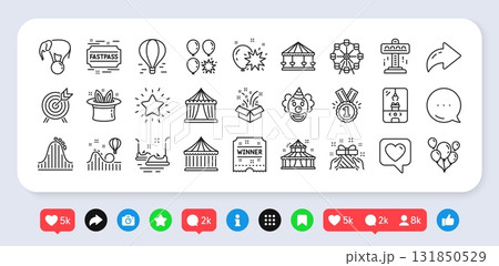 Amusement park line icons. Social media: share, comment, like icons. Set of Circus, Carousel and Roller coaster icons. Air balloon, Crane claw machine and Fastpass symbols. Vector 131850529
