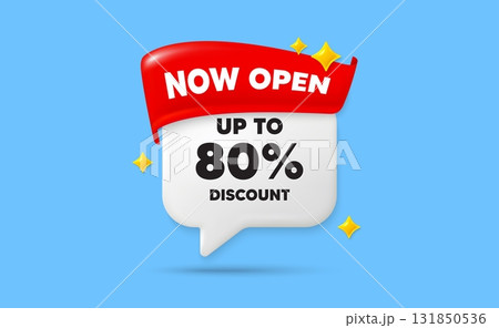 Discount tag chat speech bubble. Now open flag ribbon. Up to 80 percent discount. Sale offer price sign. Special offer symbol. Save 80 percentages. 3d sparkle stars speech bubble. Vector 131850536