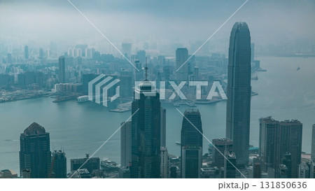 View of Hong Kong from Victoria peak in a foggy morning timelapse. 131850636