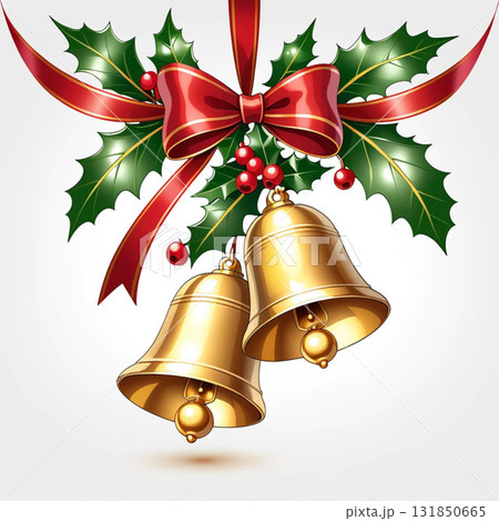 クリスマスの飾りと赤いリボンのついたゴールドのベル クリスマスの飾りと赤いリボンのついたゴールドのベル 131850665