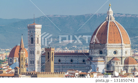 Duomo Santa Maria Del Fiore and Bargello aerial timelapse in the morning from Piazzale Michelangelo in Florence, Tuscany, Italy 131850743