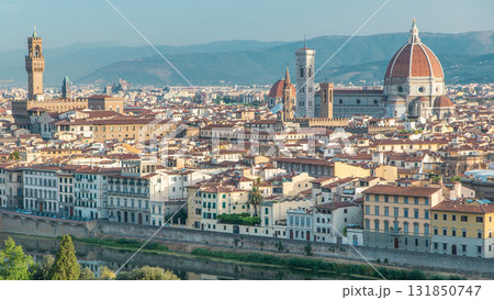 Palazzo Vecchio timelapse on piazza della Signora and Basilica di Santa Maria del Fiore in the morning as seen from Piazzale Michelangelo. Florence, Italy. 131850747