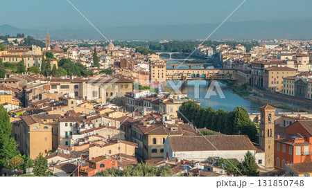 Top view of Florence city timelapse at sunrise with arno river bridges and historical buildings Top view of Florence city timelapse at sunrise with arno river bridges and historical buildings 131850748