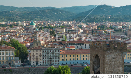 Top view of Florence city timelapse at sunrise with arno river bridges and historical buildings Top view of Florence city timelapse at sunrise with arno river bridges and historical buildings 131850750