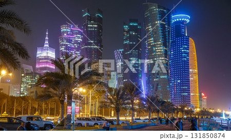 The skyline of Doha by night with starry sky seen from Corniche timelapse, Qatar The skyline of Doha by night with starry sky seen from Corniche timelapse, Qatar 131850874