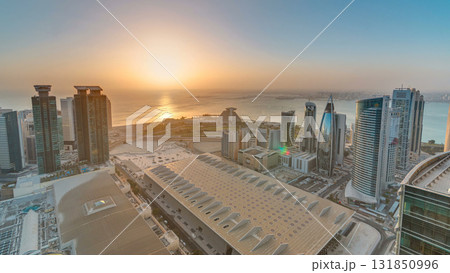 The skyline of West Bay and Doha City Center during sunrise timelapse, Qatar The skyline of West Bay and Doha City Center during sunrise timelapse, Qatar 131850996