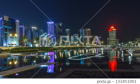 The skyline of Doha by night with starry sky seen from Park timelapse hyperlapse, Qatar 131851001