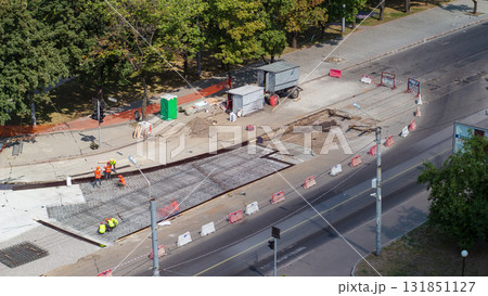 Road construction site with tram tracks repair and maintenance aerial timelapse. 131851127