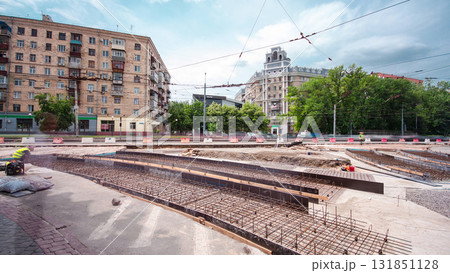 Road construction site with tram tracks repair and maintenance timelapse. Road construction site with tram tracks repair and maintenance timelapse. 131851128