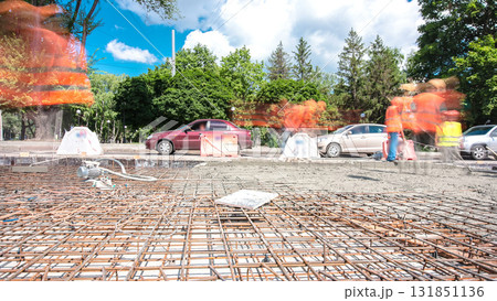 Road construction site with tram tracks repair and maintenance timelapse hyperlapse. 131851136