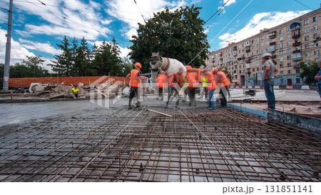 Road construction site with tram tracks repair and maintenance timelapse hyperlapse. 131851141