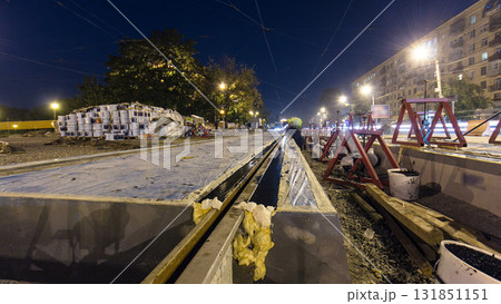 Road construction site with tram tracks repair and maintenance timelapse hyperlapse. 131851151