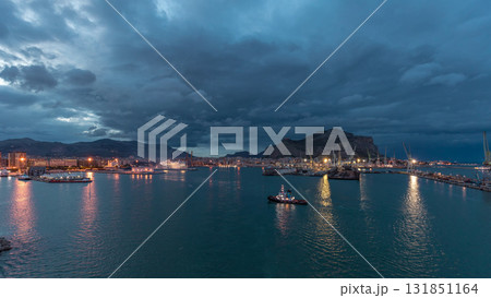 Aerial view of sea with waves and port from ship sailing in the open sea timelapse 131851164