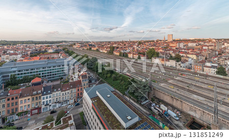Aerial timelapse of Brussels North station railway tracks with trains arriving and departing. Belgium Aerial timelapse of Brussels North station railway tracks with trains arriving and departing. Belgium 131851249