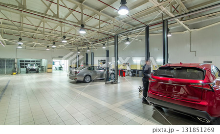 Cars moves on lifts in modern service station and men repair cars timelapse hyperlapse. 131851269