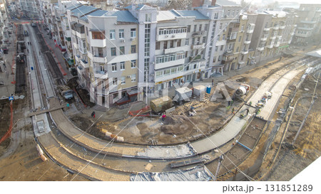 Concrete works for road maintenance construction site with many workers and mixer timelapse 131851289