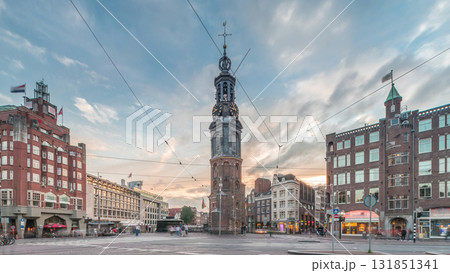Munttoren tower and flowers market. Panoramic timelapse hyperlapse of Amsterdam city center. Netherlands Munttoren tower and flowers market. Panoramic timelapse hyperlapse of Amsterdam city center. Netherlands 131851341