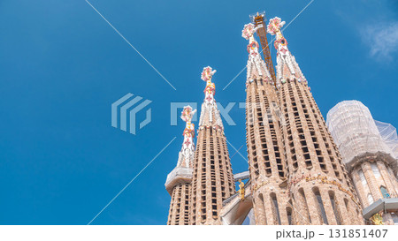 Sagrada Familia, a large Roman Catholic church in Barcelona, Spain timelapse 131851407