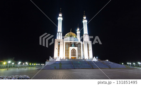 Mosque Nur Gasyr in the city of Aktobe night timelapse hyperlapse. Kazakhstan 131851495