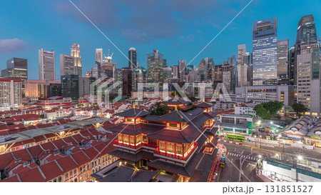 The Buddha Tooth Relic Temple comes alive at night in Singapore Chinatown day to night timelapse, with the city skyline in the background. The Buddha Tooth Relic Temple comes alive at night in Singapore Chinatown day to night timelapse, with the city skyline in the background. 131851527