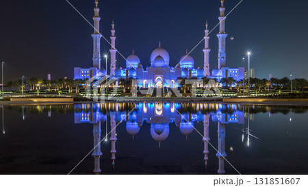 Sheikh Zayed Grand Mosque illuminated at night timelapse, Abu Dhabi, UAE. Sheikh Zayed Grand Mosque illuminated at night timelapse, Abu Dhabi, UAE. 131851607