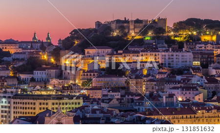 Lisbon aerial cityscape skyline night to day timelapse from viewpoint of St. Peter of Alcantara, Portugal 131851632
