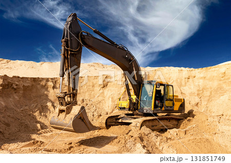 Heavy Excavator Digging Sand at Construction Site Under Blue Sky Heavy Excavator Digging Sand at Construction Site Under Blue Sky 131851749