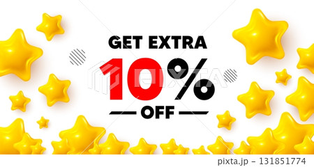 Extra discount winner banner with 3d stars. Golden stars banner. Get Extra 10 percent off sale. Discount offer price sign. Special offer symbol. Save 10 percentages. Review rate background. Vector Extra discount winner banner with 3d stars. Golden stars banner. Get Extra 10 percent off sale. Discount offer price sign. Special offer symbol. Save 10 percentages. Review rate background. Vector 131851774