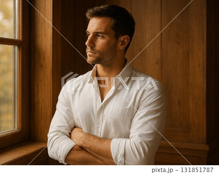 朝の柔光に包まれた静かな男性の横顔 131851787