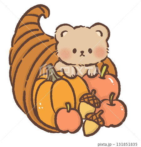 Cute Kawaii Bear in Cornucopia with Pumpkins Apples and Acorns Autumn Harvest Illustration Adorable Animal Character Cozy Fall Cartoon Design for Stickers and Thanksgiving Decor 131851835