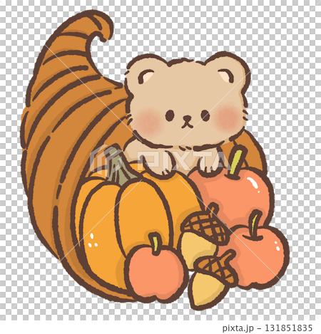Cute Kawaii Bear in Cornucopia with Pumpkins Apples and Acorns Autumn Harvest Illustration Adorable Animal Character Cozy Fall Cartoon Design for Stickers and Thanksgiving Decor 131851835