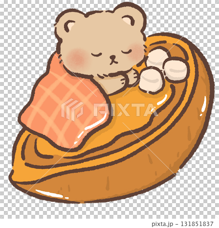Cute Kawaii Bear Sleeping on Pumpkin Pie Cozy Fall Dessert Illustration Adorable Animal Character Art Autumn Sweet Food Cartoon Design for Stickers Stationery and Holiday Decor 131851837
