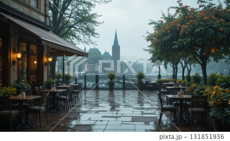 Charming Riverside Cafe Scene on a Rainy Day in a Picturesque Town Charming Riverside Cafe Scene on a Rainy Day in a Picturesque Town 131851936