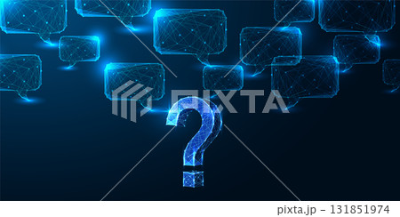 Digital question mark with speech bubble network representing AI queries and chatbot interaction 131851974