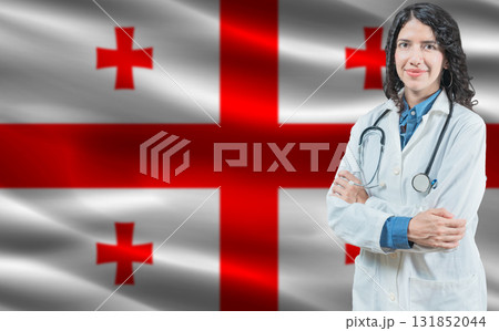 Georgian medicine and healthcare concept. Doctor close up against Georgia flag background 131852044