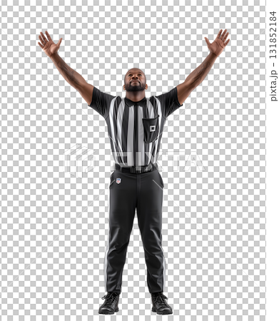 American Football Referee Signaling Touchdown with Raised Arms 131852184