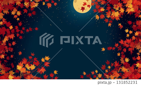 満月と星空が広がる秋の夜、画面を縁取るように配置された紅葉の美しいフレーム 131852231