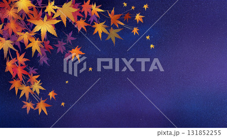 満天の星が広がる紫色の夜空と、左上に配置された色鮮やかな紅葉の枝のイラスト 満天の星が広がる紫色の夜空と、左上に配置された色鮮やかな紅葉の枝のイラスト 131852255
