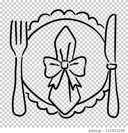 Elegant Thanksgiving Table Setting Line Art with Bow Napkin Coquette Dinner Outline Illustration for Fall Feast Holiday Decor and Autumn Celebration Design 131852299