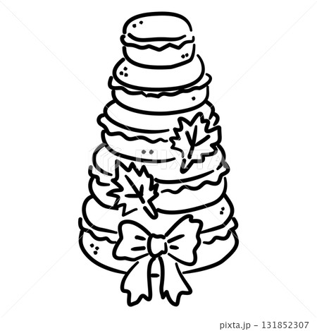 Macaron Tower Line Art with Ribbon Bow and Fall Leaves Coquette Thanksgiving Dessert Outline Illustration for Autumn Sweet Table Pastry and Festive Party Design 131852307