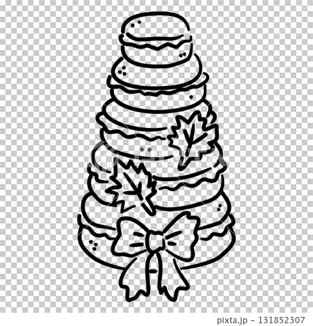 Macaron Tower Line Art with Ribbon Bow and Fall Leaves Coquette Thanksgiving Dessert Outline Illustration for Autumn Sweet Table Pastry and Festive Party Design 131852307