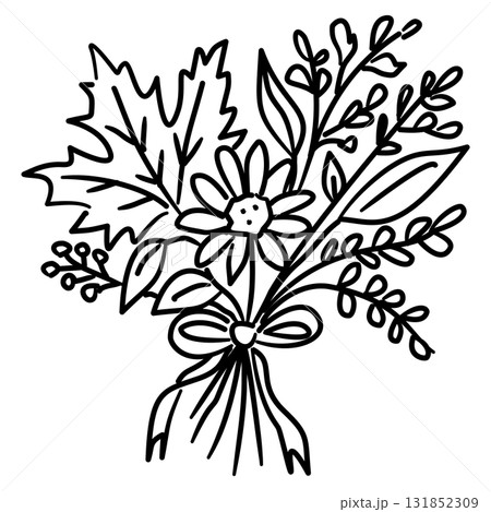 Autumn Flower Bouquet Line Art with Leaves and Ribbon Coquette Thanksgiving Fall Floral Outline Illustration for Seasonal Decor Cottagecore and Harvest Design 131852309