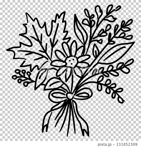 Autumn Flower Bouquet Line Art with Leaves and Ribbon Coquette Thanksgiving Fall Floral Outline Illustration for Seasonal Decor Cottagecore and Harvest Design 131852309