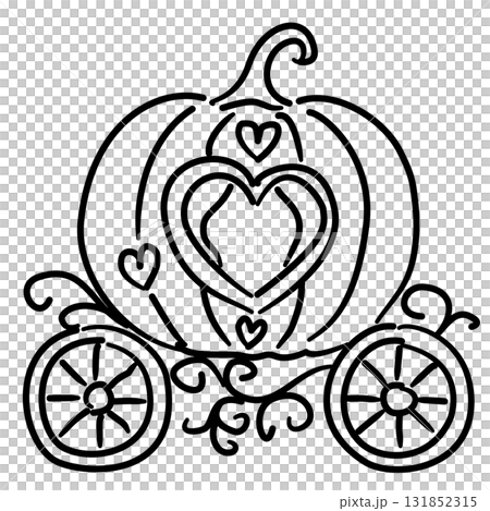 Whimsical Pumpkin Carriage Line Art with Hearts Fairytale Princess Coquette Outline Illustration for Romantic Wedding Invitation Halloween Fantasy or Magical Decor 131852315