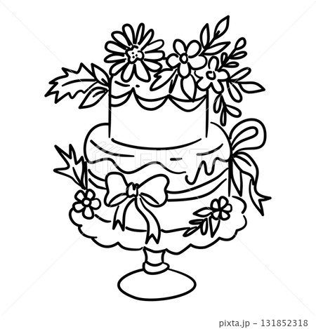 Floral Cake Line Art on Stand with Bows and Flowers Coquette Thanksgiving Dessert Outline Illustration for Fall Bakery Autumn Celebration and Holiday Decor 131852318