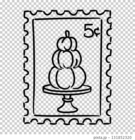 Vintage Postage Stamp Line Art with Pumpkin Stack Coquette Thanksgiving Autumn Mail Outline Illustration for Fall Lettering Stickers and Whimsical Decor 131852320