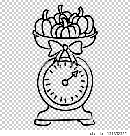 Vintage Kitchen Scale Line Art with Pumpkins and Bow Coquette Thanksgiving Outline Illustration for Fall Harvest Decor Farmhouse Kitchen and Holiday Design 131852325