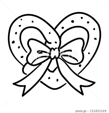 Heart Pretzel Line Art with Ribbon Bow Coquette Thanksgiving Snack Outline Illustration for Fall Bakery Autumn Kitchen Decor and Sweet Holiday Design 131852329